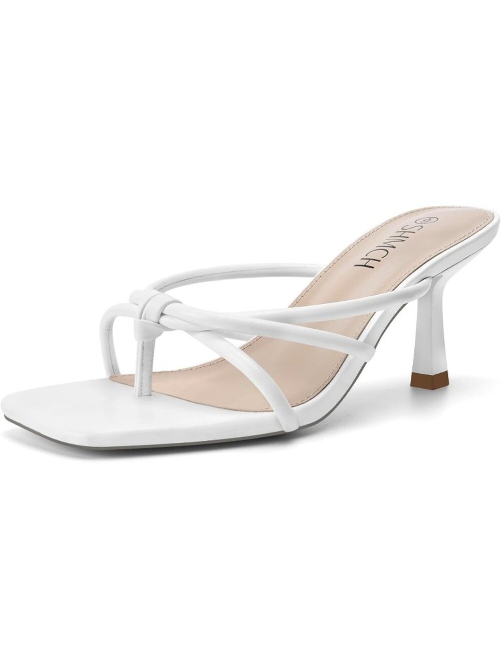 Women's White Summer Comfortable Square Toe Strappy Thong Slip On Mule Heels